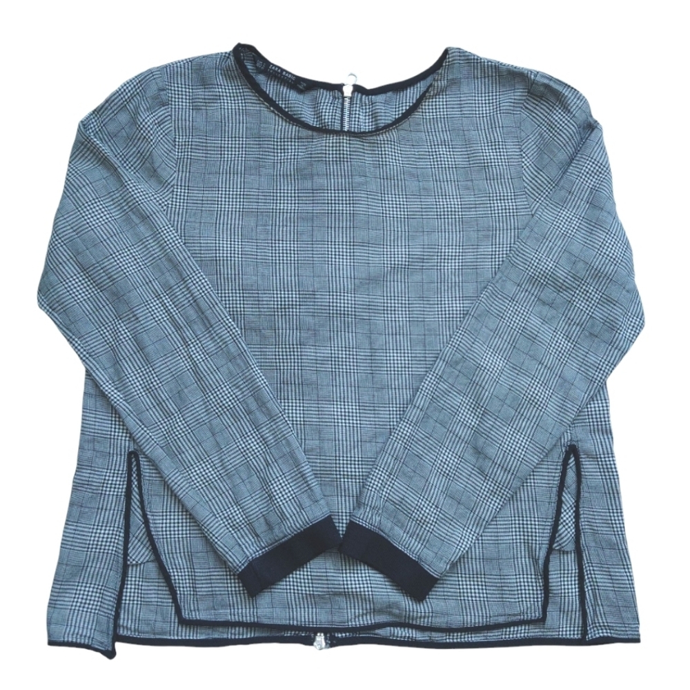 ZARA Black and White Cotton Plaid Long Sleeve Full Back Zip Up Top Blouse Shirt
